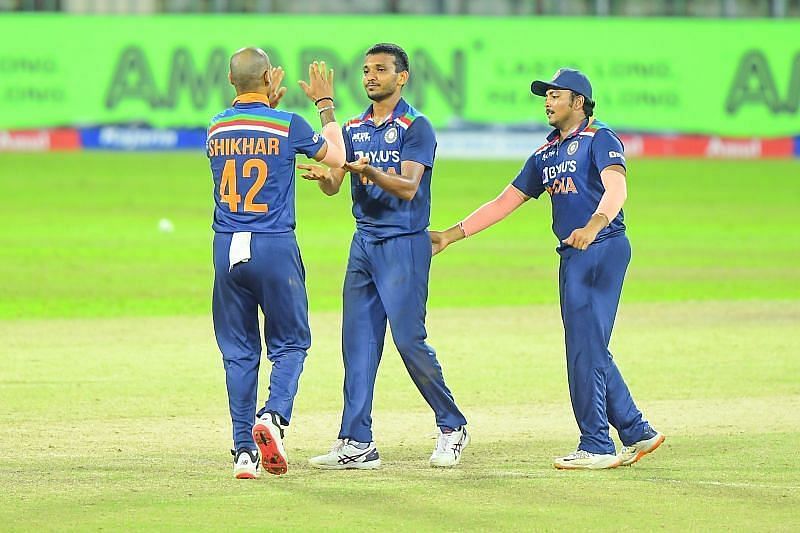 Chetan Sakariya (centre) made his India debut during the tour of Sri Lanka.
